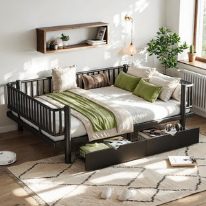 English Elm Full Size Metal Platform Storage Bed Low Profile Steel Frame with Built-in Drawers Black W5305P471350