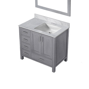 English Elm Distressed Grey Bath Vanity 36 in W x 22 in D with Right Offset Carrara Marble Top, Mirror, Soft-Close Storage and Scratch-Resistant Countertop B2731S00688