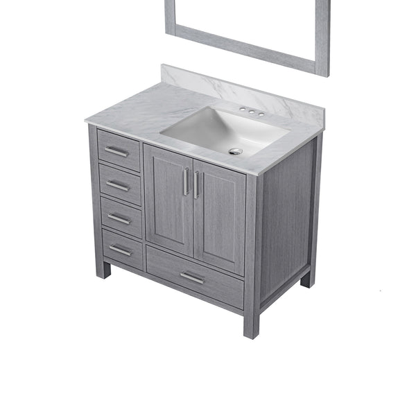 English Elm Distressed Grey Bath Vanity 36 in W x 22 in D with Right Offset Carrara Marble Top, Mirror, Soft-Close Storage and Scratch-Resistant Countertop B2731S00688