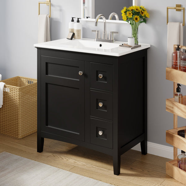 English Elm 30 Inch Bathroom Vanity with Ceramic Sink and 3 Smooth-Glide Drawers, Modern Moisture-Resistant Storage Black N710P252105B
