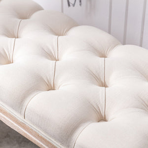 English Elm Bedroom Bench Tufted Linen Seat with Carved Distressed Wood Legs French Country Style Beige W3244P493647