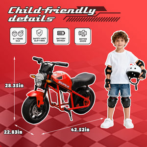 English Elm 24v300w Kids Electric Muscle Motorcycle with Dual Suspension Wide Eva Tires and Twist Throttle Red W1578P382503