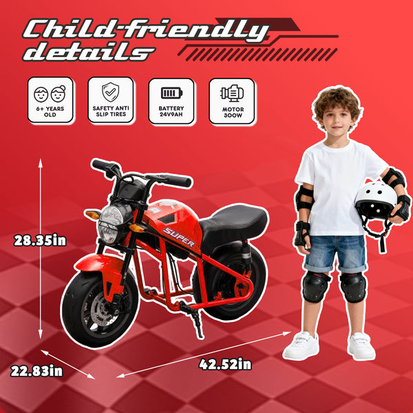 English Elm 24v300w Kids Electric Muscle Motorcycle with Dual Suspension Wide Eva Tires and Twist Throttle Red W1578P382503