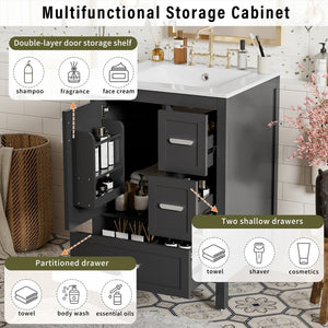 English Elm Modern 24 Inch Bathroom Vanity Solid Wood Cabinet with Ceramic Sink and Soft Close Storage Black N729P292859B