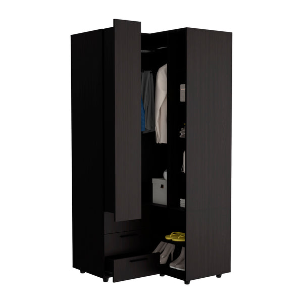 English Elm Ursine Corner Armoire Black — Space-Saving Engineered Wood Wardrobe with Multiple Compartments, Durable Elegance B092S00296