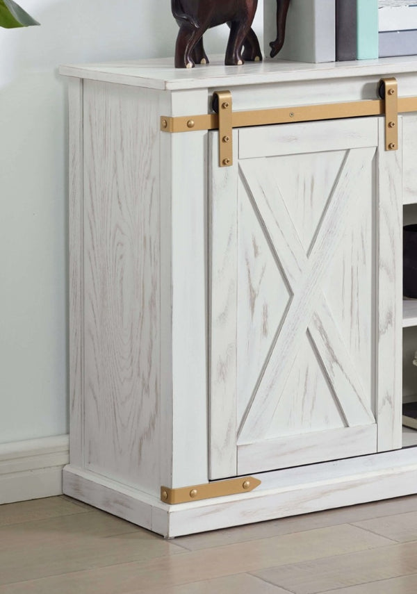 English Elm Rustic Glam Barnwood Coffee Table with Dual-Sided Center Drawer, Open Shelves & Metal Trim Accents Antique White,Gold 39 L x 18 W x 33 H B2741P320886