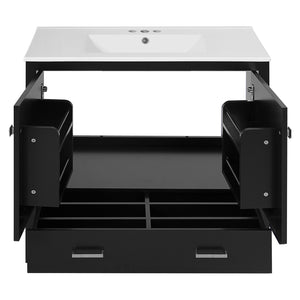 English Elm 36" Black Bathroom Vanity with Ceramic Sink, Soft-Close Doors, Divided Drawer & Double Shelves — Modern Storage Solution for Small to Medium Baths N729P276609B