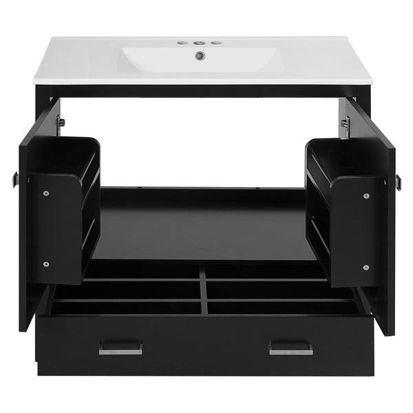 English Elm 36" Black Bathroom Vanity with Ceramic Sink, Soft-Close Doors, Divided Drawer & Double Shelves — Modern Storage Solution for Small to Medium Baths N729P276609B