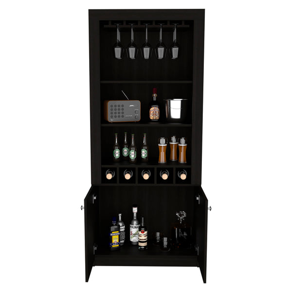 English Elm Montenegro 69" Bar Cabinet with Wine Glass Rack, 5 Bottle Cubbies, 3 Shelves & Spacious Storage B200S00060