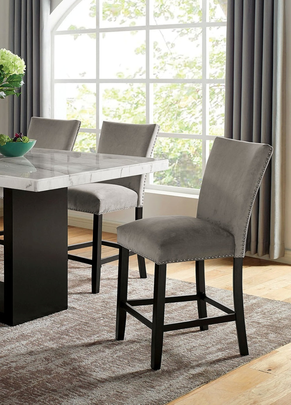 English Elm Light Gray Flannelette Counter Dining Chairs Nailhead Trim Ladder Back Set of Two B2741P416581