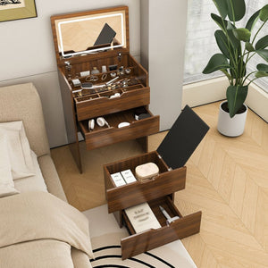 English Elm 3-in-1 Walnut Vanity Desk with Led Lighted Flip Mirror Stool Compact Bedroom Station W2699P404629