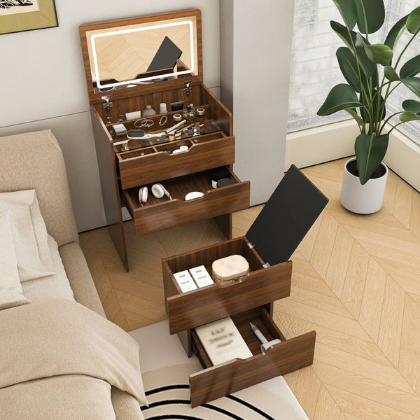 English Elm 3-in-1 Walnut Vanity Desk with Led Lighted Flip Mirror Stool Compact Bedroom Station W2699P404629