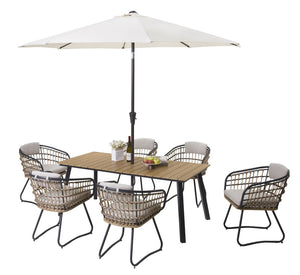 English Elm 7-piece Outdoor Wicker Dining Set Scandinavian Steel Frame Acacia Wood Grain Table W3990S00002