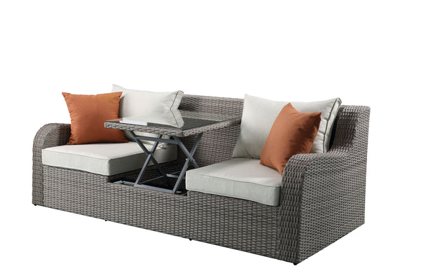 English Elm Salena Beige Fabric & Gray Wicker Sectional Sofa w/Hidden Lift Table, 2 Ottomans & Water‑Resist Cushions B2726P288343