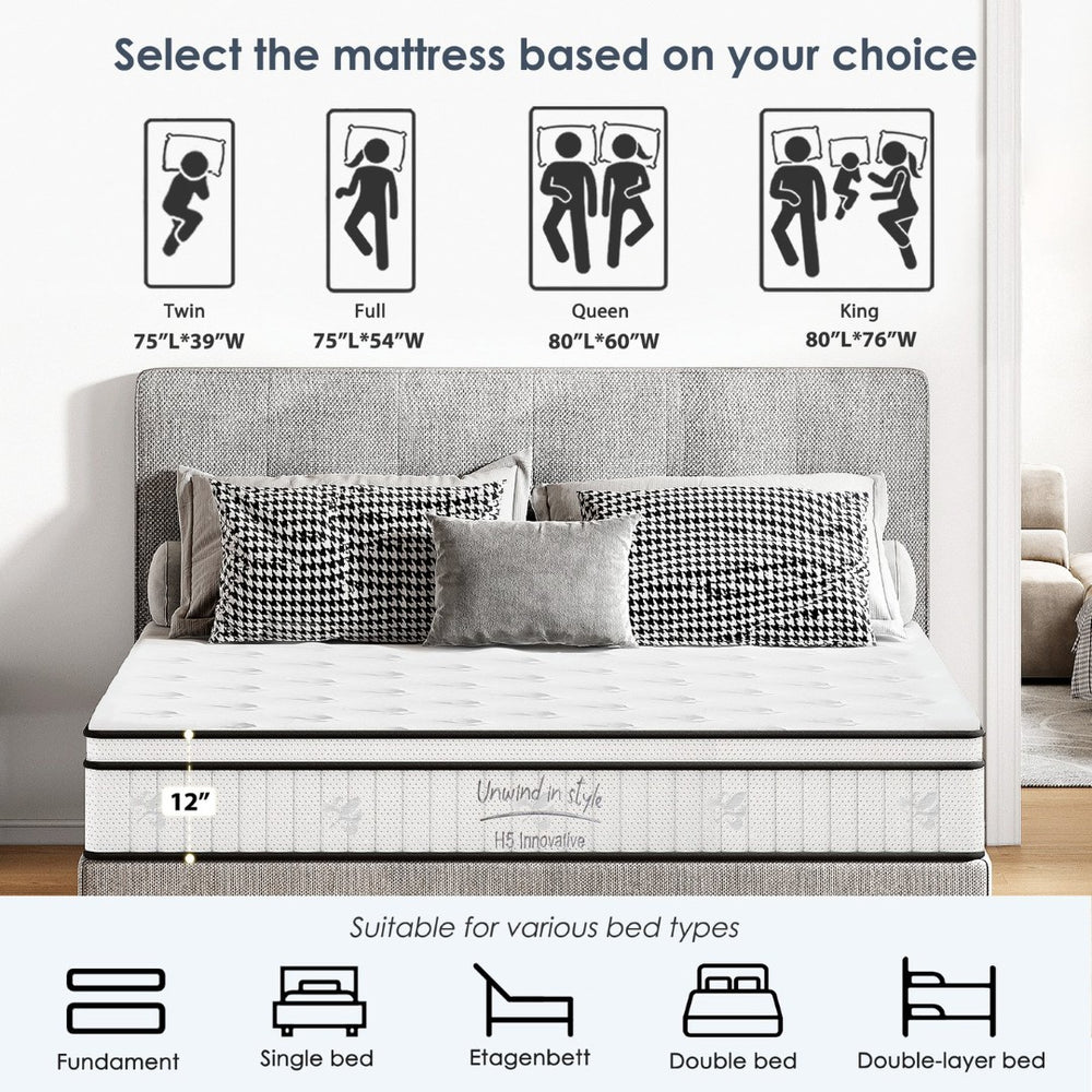 English Elm Queen Hybrid Mattress 12 Inch Memory Foam Pocketed Coils Medium Firm Cool Sleep W2889P453418