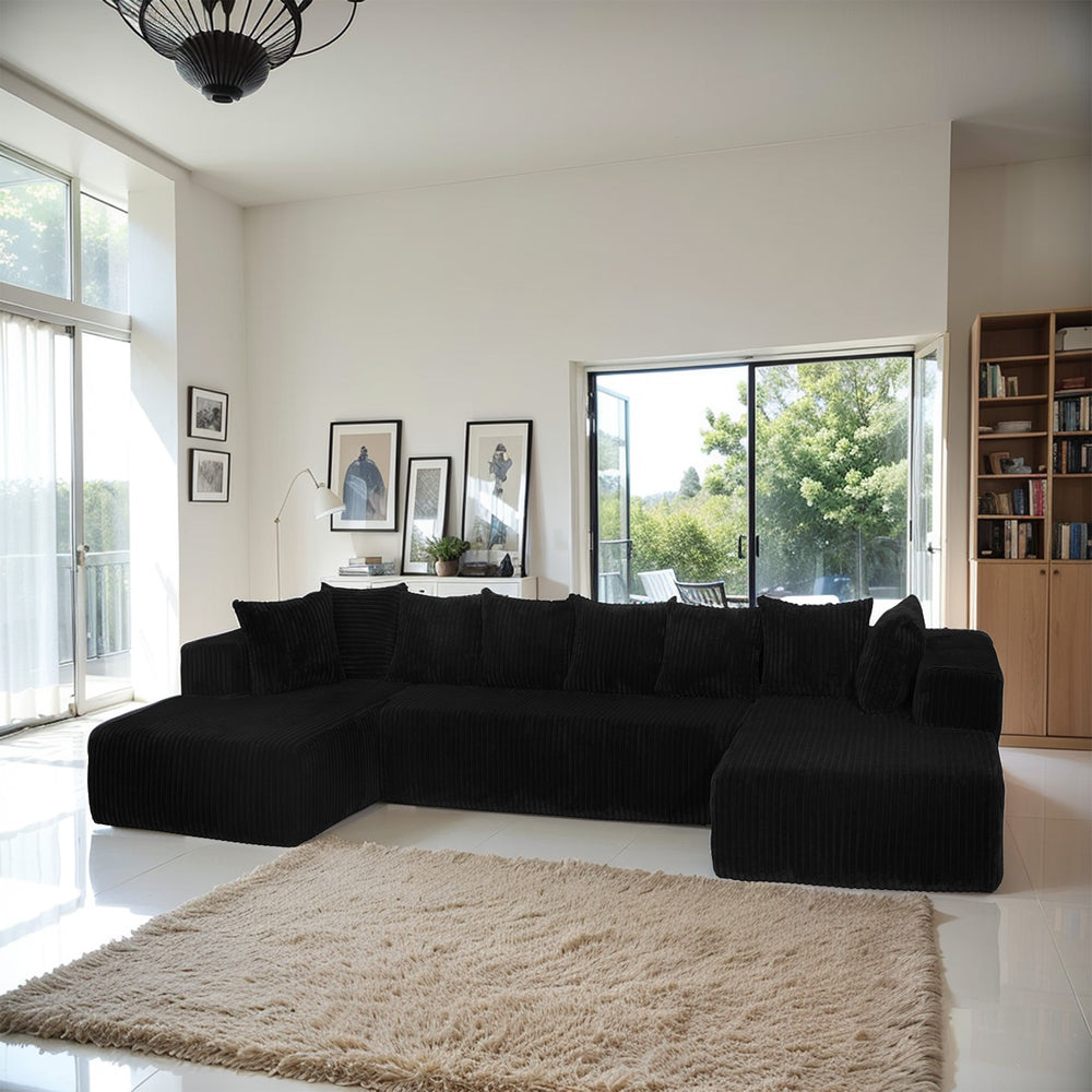 English Elm Modular U-Shaped Sectional Sofa - 4-Seater Reversible Chaise In Black Corduroy For Modern Living Spaces W3276S00015