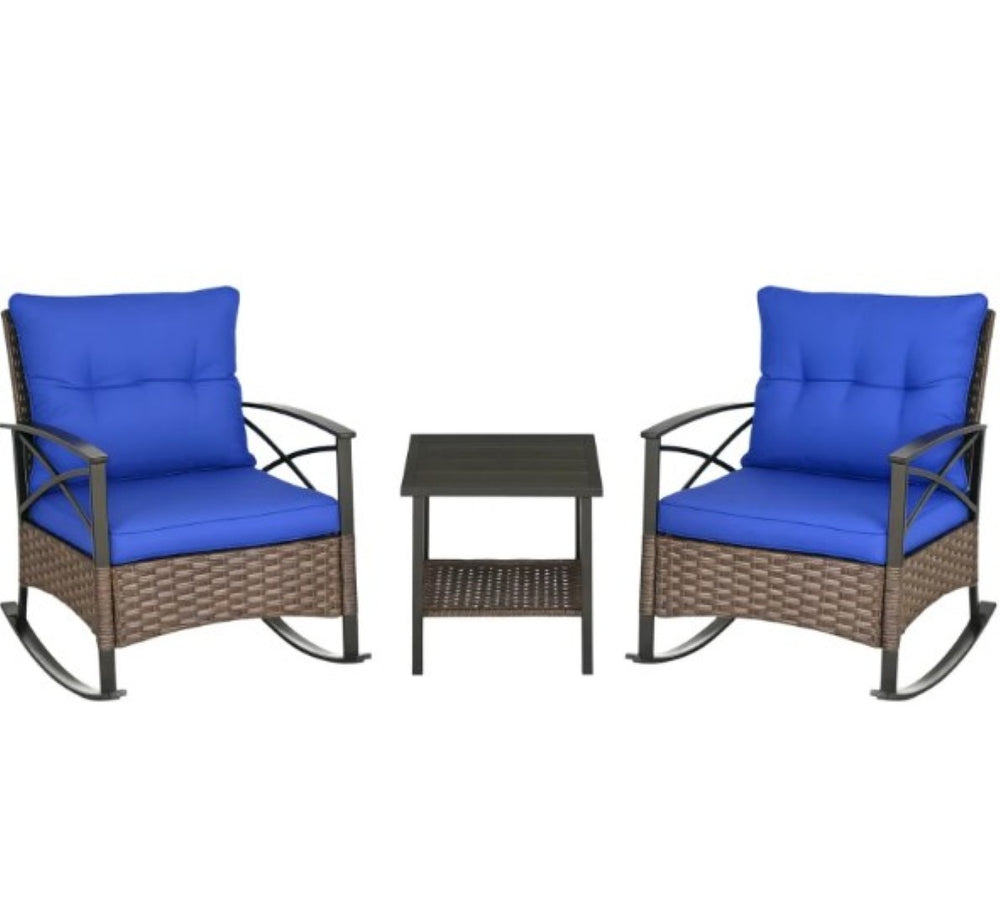 English Elm Patio Wicker Rocking Set with Tufted Cushions and Two Tier Table for Porch Garden T3971P419133