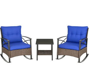 English Elm Patio Wicker Rocking Set with Tufted Cushions and Two Tier Table for Porch Garden T3971P419133