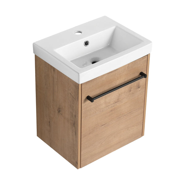 English Elm 18'' Floating Wall-Mounted Bathroom Vanity with Ceramic Sink, Soft-Close Door & Space-Saving Design Imitative Oak W999P236339