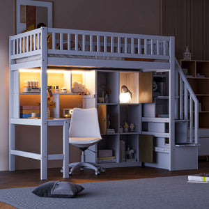 English Elm Wood Twin Loft Bed with Built-In L-Desk, LED Lighting, Staircase Storage, Shelves & Cabinets White N7090000470K
