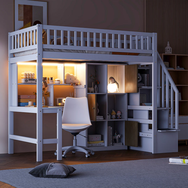 English Elm Wood Twin Loft Bed with Built-In L-Desk, LED Lighting, Staircase Storage, Shelves & Cabinets White N7090000470K