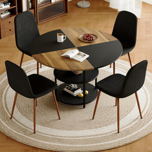 English Elm Table and Chair Set 47 Inch Round Mdf Spliced Top with Dual Tier Storage 4 Seats Black,Dark Walnut,Wood W1151S03335