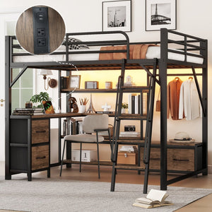 English Elm Queen Size Loft Bed With Desk & Led Lighting - Stylish Metal Bed With Storage & Workstation For Small Spaces W2593S00041-GIGA