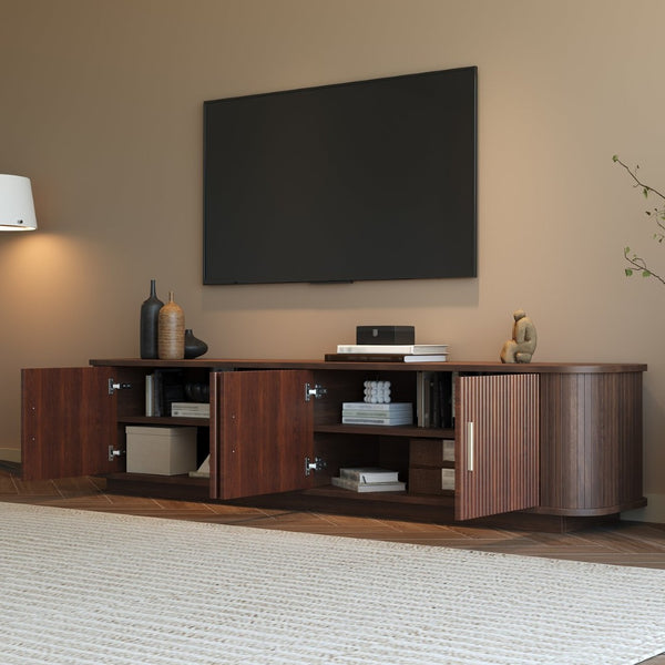 English Elm 70-inch Media Console with Sliding Groove Doors Solid Pine Legs and Cable Management N710P427898P