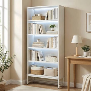 English Elm Tall Five Tier Bookcase with Led Shelf Lighting White Mdf Frame Living Room Display W3204P454083