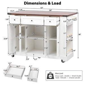 English Elm K&k Farmhouse Rolling Kitchen Island with Drop Leaf Tempered Glass Drawers and Power Outlet White N707S263637W