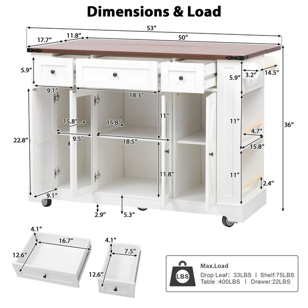 English Elm K&k Farmhouse Rolling Kitchen Island with Drop Leaf Tempered Glass Drawers and Power Outlet White N707S263637W