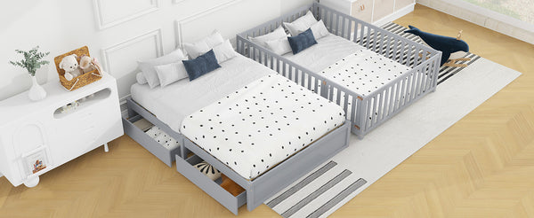 English Elm Full Size Pinewood Kids Daybed with Fence Rails Split Floor Bed and Storage Drawers Gray LP100882AAE
