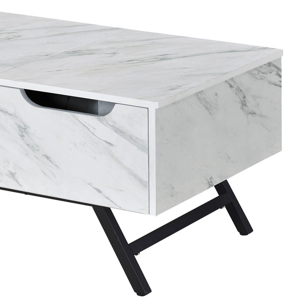 English Elm Throm White Faux Marble Grain Finish Coffee Table with Lift Top, Hidden Storage, Metal Legs, Modern Design B2726P256336