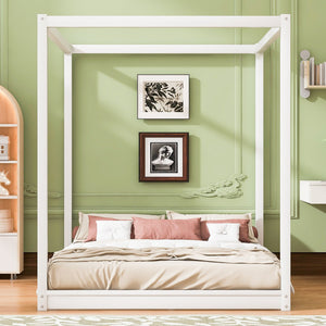 English Elm Queen Canopy Platform Bed with Sturdy Support Legs, Pine/MDF Frame, Slatted Ventilated Base, 550lb Capacity White WF293232AAK