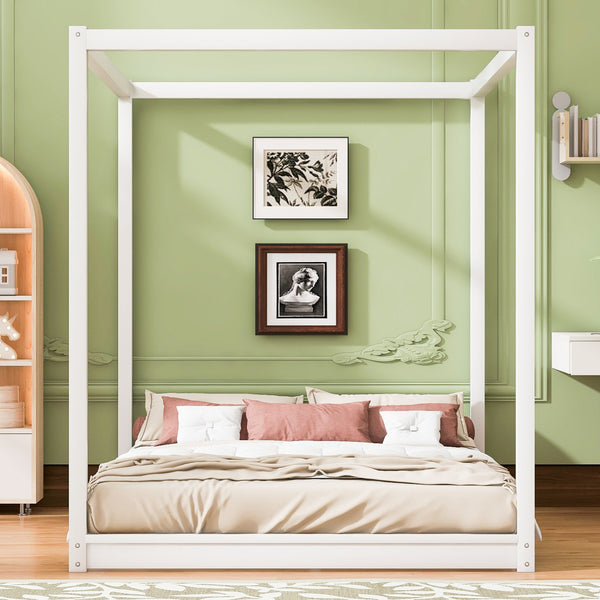 English Elm Queen Canopy Platform Bed with Sturdy Support Legs, Pine/MDF Frame, Slatted Ventilated Base, 550lb Capacity White WF293232AAK