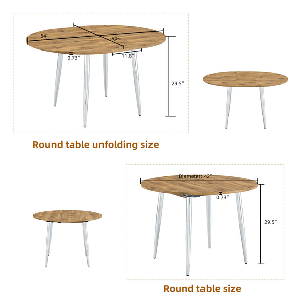 English Elm With Retractable Leaf Round Oval Mdf Top and Sleek Metal Legs Modern Dining Table Silver,Wood W1151S03944