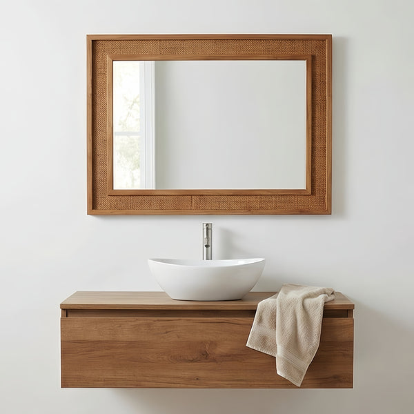 English Elm Natural Rattan Wrapped Solid Wood Rectangular Mirror Handcrafted Farmhouse Bathroom Entryway Yellowish-Brown W2203P436619