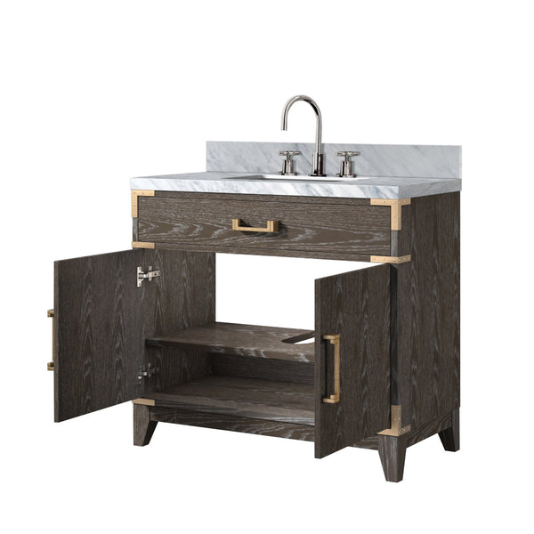 English Elm Brown Oak Single Bath Vanity With Carrara Marble Top & Chrome Faucet - Elegant Storage Solution B2731P259784