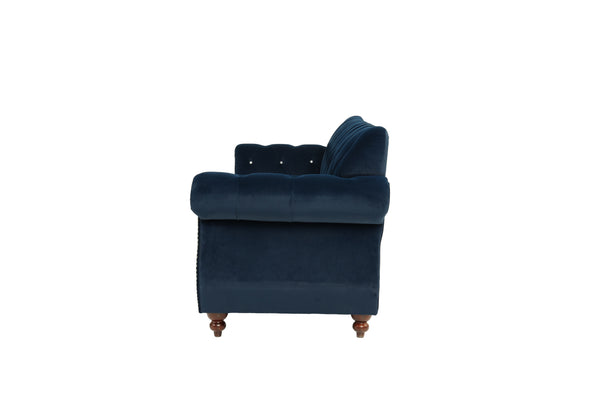English Elm Formal Velvet Tufted Sofa with Silver Nailhead Trim and Rolled Arms — Elegant 93"L Living Room Statement piece Indigo 34 L x 34 W x 16 H B011S01694