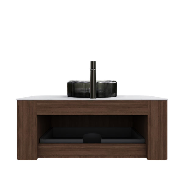 English Elm Dina Floating Bathroom Vanity Sintered Stone Top Glass Basin Striped Plywood Cabinet W2615S00242