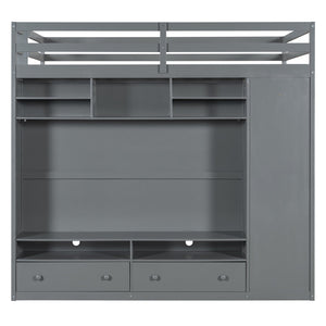 English Elm Full Size Loft Bed with Led Lighting Wardrobe Drawers and Shelves for Teen Rooms Gray LT000499AAE