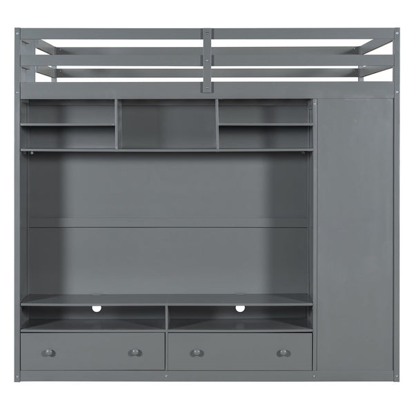 English Elm Full Size Loft Bed with Led Lighting Wardrobe Drawers and Shelves for Teen Rooms Gray LT000499AAE