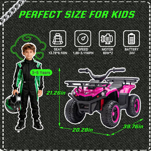 English Elm 24v Dual Motor Kids Atv Ride on with Led Lights Bluetooth Storage Racks Off Road Pink W1578P390450