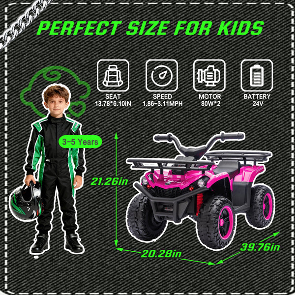 English Elm 24v Dual Motor Kids Atv Ride on with Led Lights Bluetooth Storage Racks Off Road Pink W1578P390450