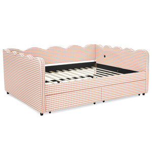 English Elm Queen Gingham Linen Daybed with Wave Backrest Two Storage Drawers and Usb Port Pink W1413S00150