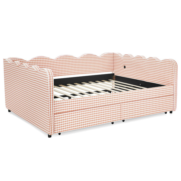 English Elm Queen Gingham Linen Daybed with Wave Backrest Two Storage Drawers and Usb Port Pink W1413S00150