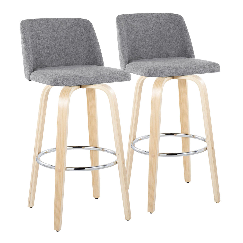 English Elm 30" Swivel Barstools Set of 2 Grey Fabric Seat Bent Wood Legs Chrome Footrest B202S00670