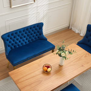 English Elm Velvet Wingback Dining Bench Tufted Two Seat Mid Century Modern Brushed Steel Base Blue W1143P406979