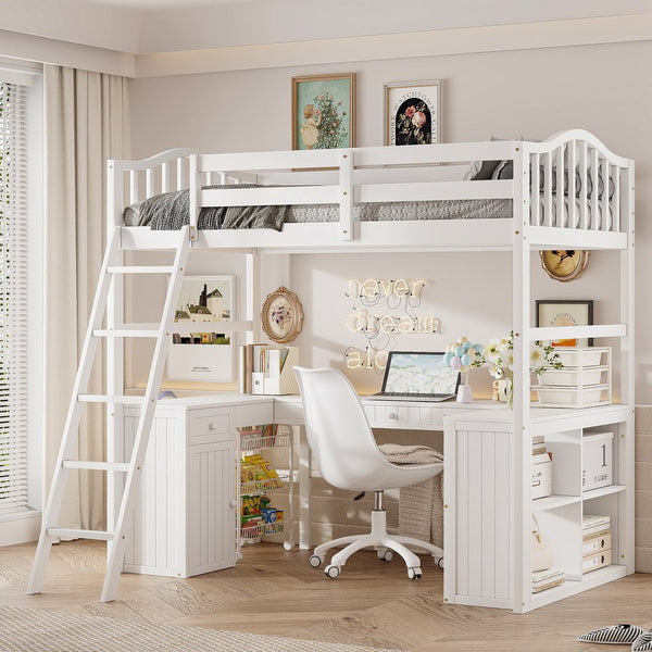 English Elm Twin Loft Bed with Desk Drawers Cabinet Shelves Solid Pine Wood White Finish LT0001505AAK-1