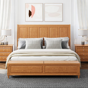 English Elm Queen Sleigh Bed Solid Rubberwood Walnut Finish Curved Headboard Footboard Storage Bench Natural W1716S00037